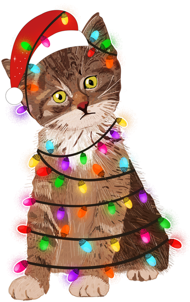 Cat Tangled in Christmas Lights Santa Kitten Button