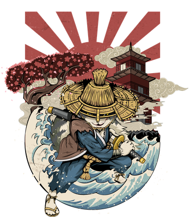 Cool Japanese Samurai Cat Neko Blue Wave Bucket Hat