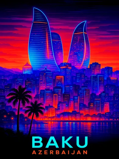 Baku Azerbaijan Night Skyline Poster