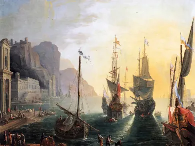 Harbor at Sunrise Tall Ships Poster
