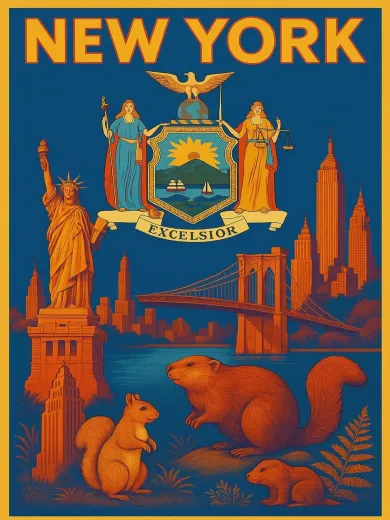 New York Excelsior State Symbols Poster