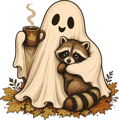 Ghost Hugging Raccoon Coffee Cup Cute Halloween Kids T-Shirt