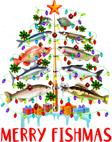 Merry Fishmas Funny Christmas Tree Lights Fish Fishing Rod Doggie Tank