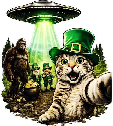 St Patricks Day Cat Selfie Leprechaun Bigfoot UFO Button