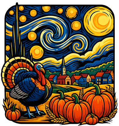 Thanksgiving Turkey Pumpkin Harvest Starry Night Art T-Shirt