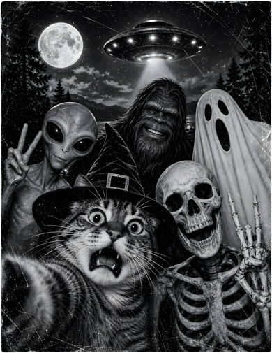 Vintage Halloween Cat Selfie Witch Skeleton Alien Bigfoot Ghost UFO Baby Bodysuit