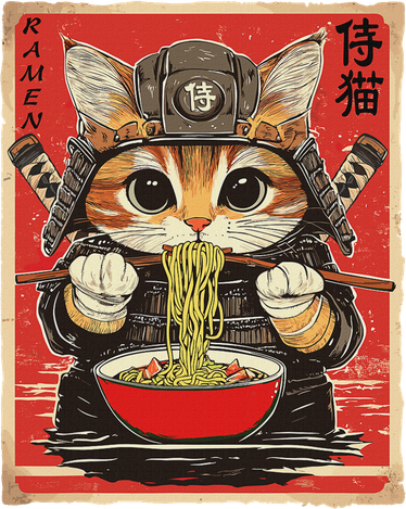 Japanese Samurai Ninja Cat Eating Ramen Bucket Hat