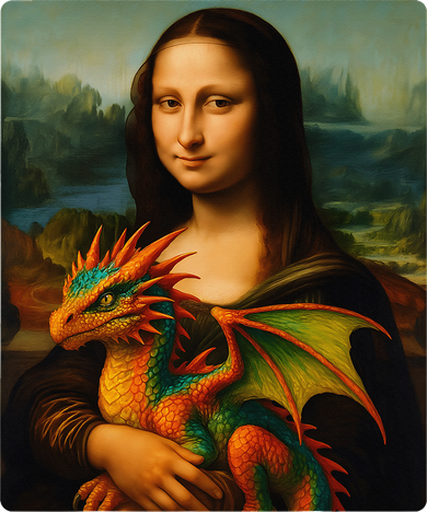 Mona Lisa And Her Pet Dragon Santa Hat