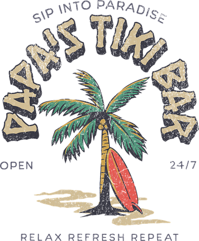 Papa's Tiki Bar Vintage Surfboard Dad Palm Tree Beach Funny Polo
