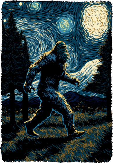 Bigfoot Starry Night Sasquatch Van Gogh Sky Painting Art Doddie Hoodie