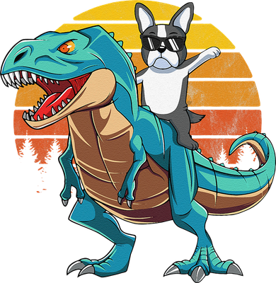 Boston Terrier Dog Riding Dinosaur T Rex Kids Sweatshirt