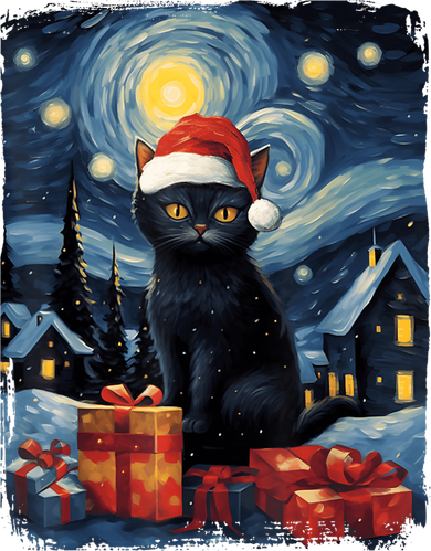 Christmas Black Cat Starry Night Van Gogh Retro Cat Art Baby Bodysuit