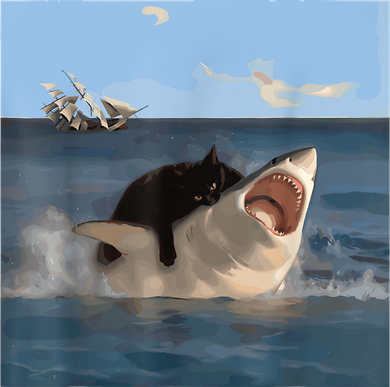 Cat Biting Shark Humorous Playful Funny Cat And Shark Doggie Tank