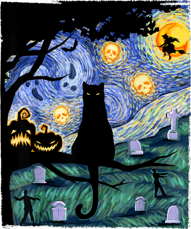 Cat , Scary Night Cat Tee, Van Gogh Gift, Halloween Toddler Hoodie