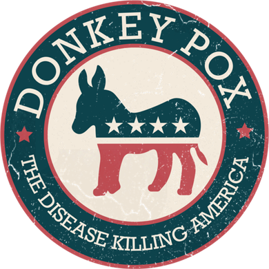 Donkey Pox The Disease Killing America Funny Meme Round Blue And Red With White Hat
