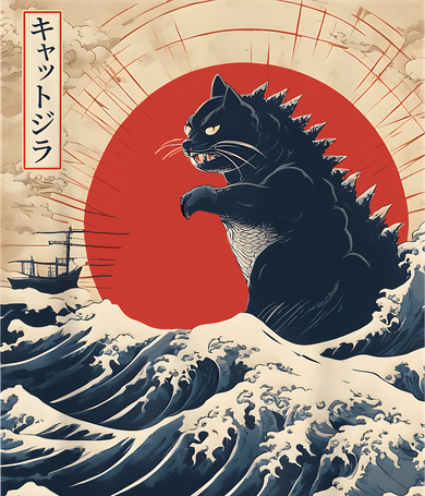 Funny Cat Kaiju Japanese Sunset Vintage Catzilla Great Wave Kids Hoodie