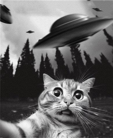 Funny Cat Selfie With Ufos Button