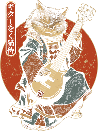 Japanese Samurai Cat Playing The Electric Guitar Japanese Samurai Guitar Players Bucket Hat