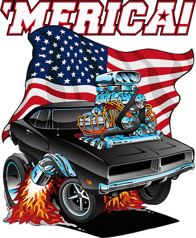 Merica Patriotic Classic Hotrod Muscle Car Usa Flag Cartoon Kids Long Sleeve Shirt