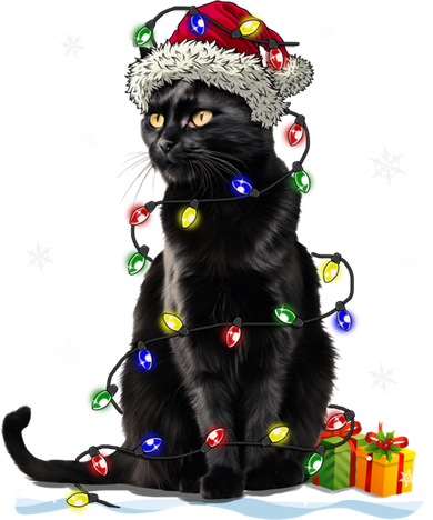 Santa Black Cat Tangled Up In Christmas Tree Lights Holiday Great Gift Polo