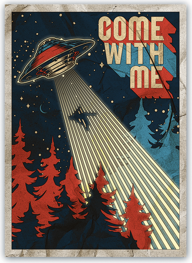 Vintage Retro Come With Me UFO Poster Button