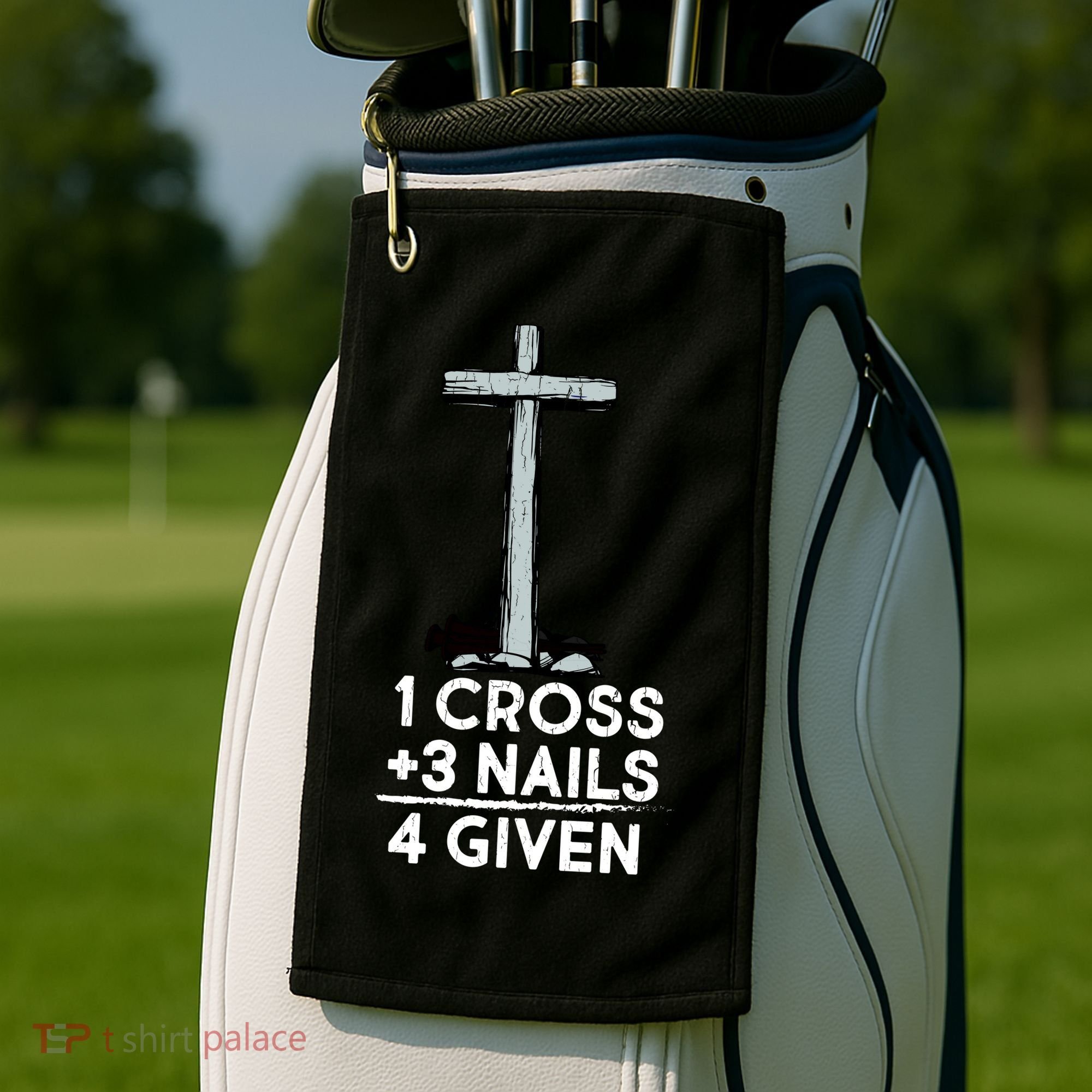 1 Cross Plus 3 Nails Equals 4 Given Golf Towel