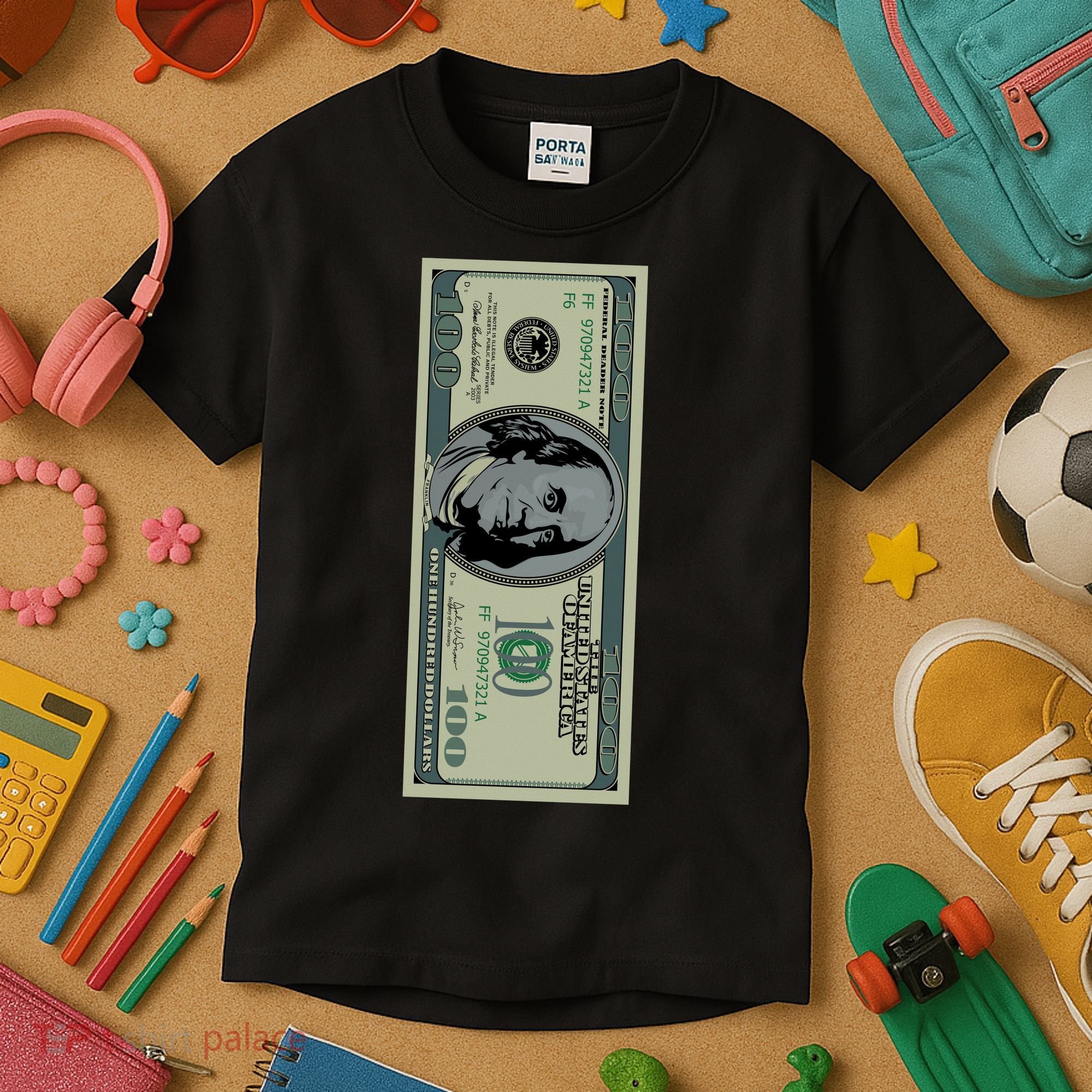 100 Dollar Bill - $100 - Benjamin Franklin Money Kids T-Shirt