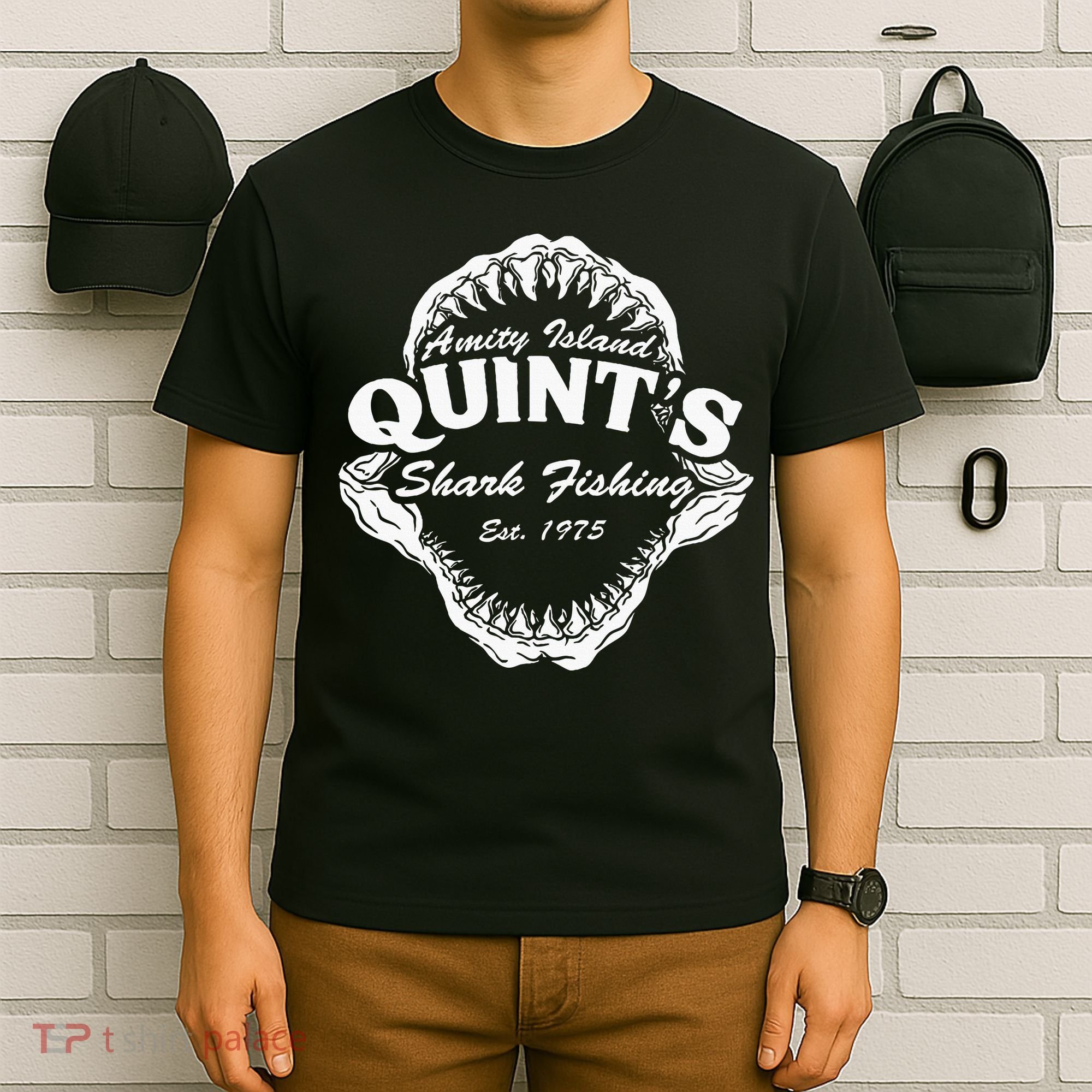 1975 Amity Island QuintS Shark Fishing T-Shirt