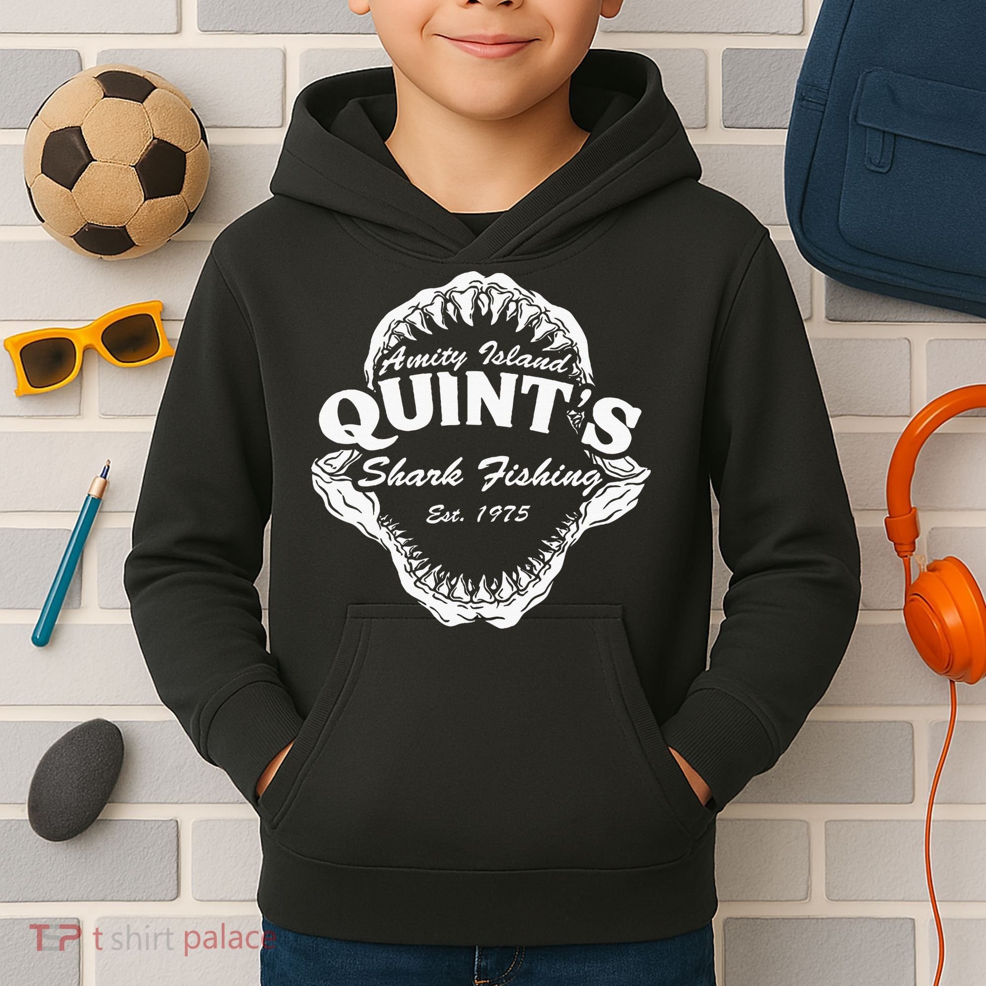 1975 Amity Island QuintS Shark Fishing Kids Hoodie