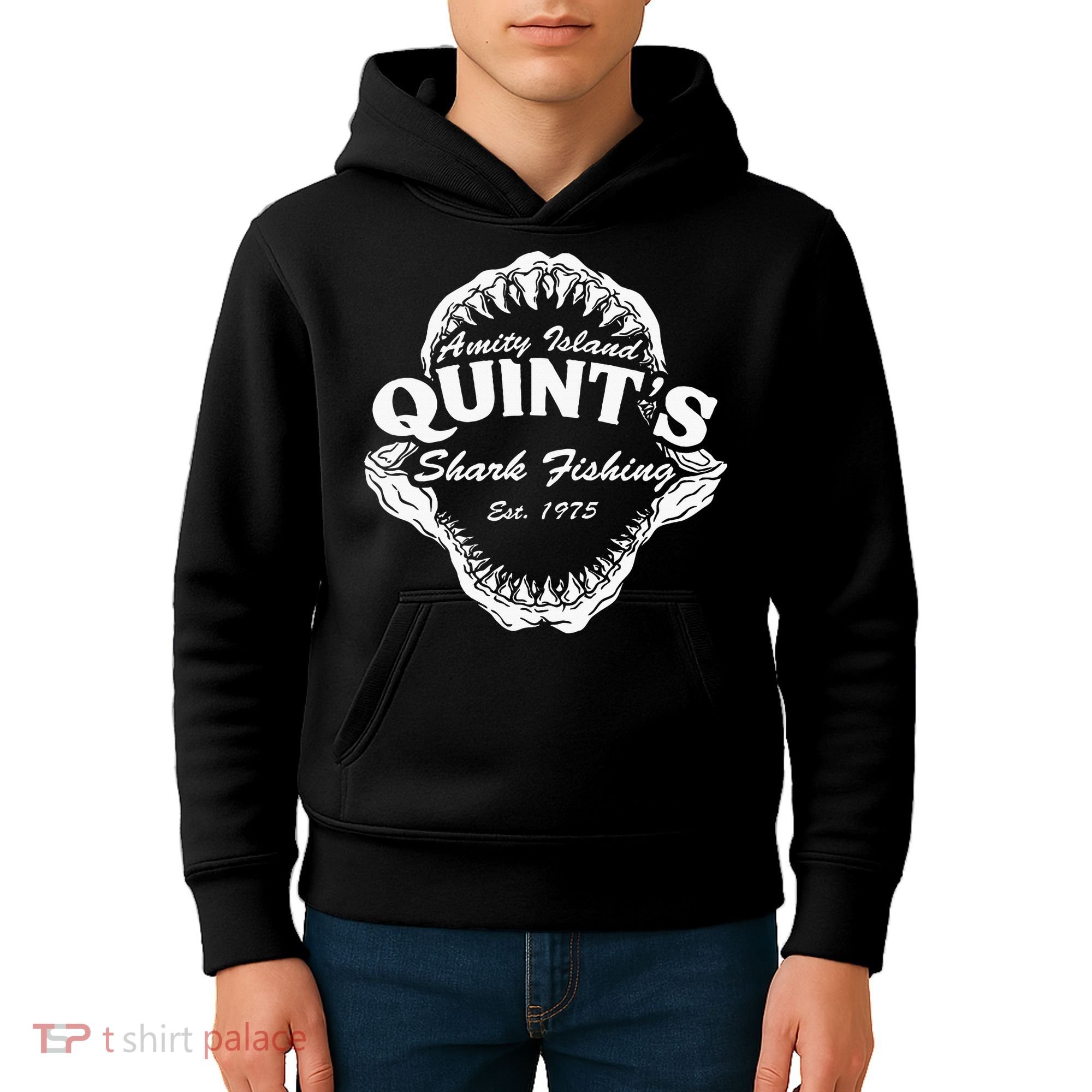 1975 Amity Island QuintS Shark Fishing Kids Hoodie