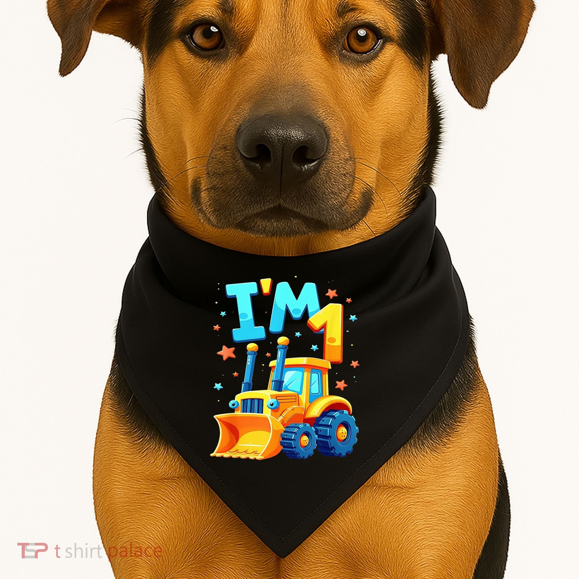 1st Birthday Cartoon Crawler Bulldozer Tractor I'M 1 One USA-Made Doggie Bandana