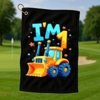 1st Birthday Cartoon Crawler Bulldozer Tractor I'M 1 One Golf Towel thumb 1