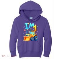 1st Birthday Cartoon Crawler Bulldozer Tractor I'M 1 One Kids Hoodie thumb 0