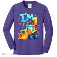 1st Birthday Cartoon Crawler Bulldozer Tractor I'M 1 One Kids Long Sleeve Shirt thumb 0
