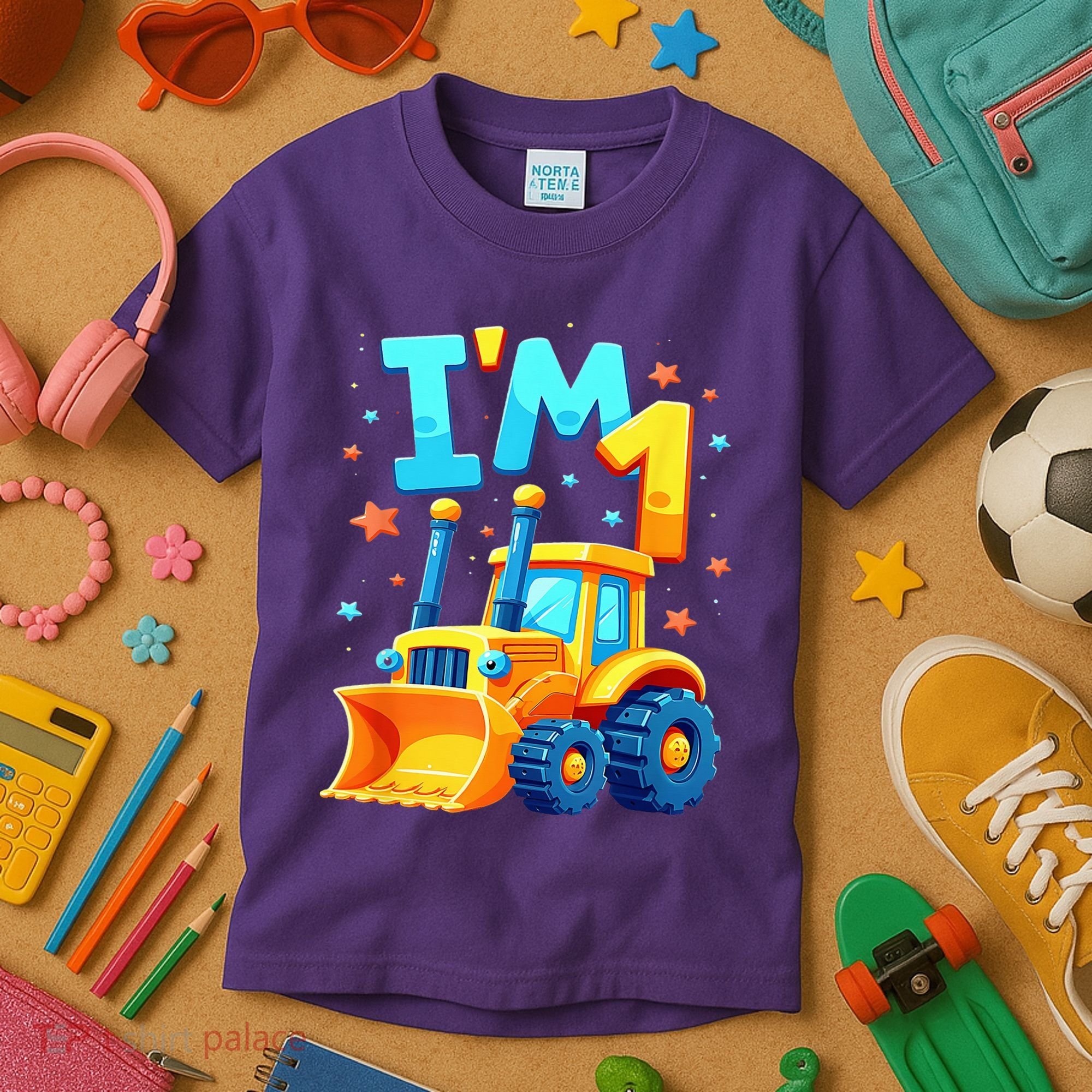 1st Birthday Cartoon Crawler Bulldozer Tractor I'M 1 One Kids T-Shirt