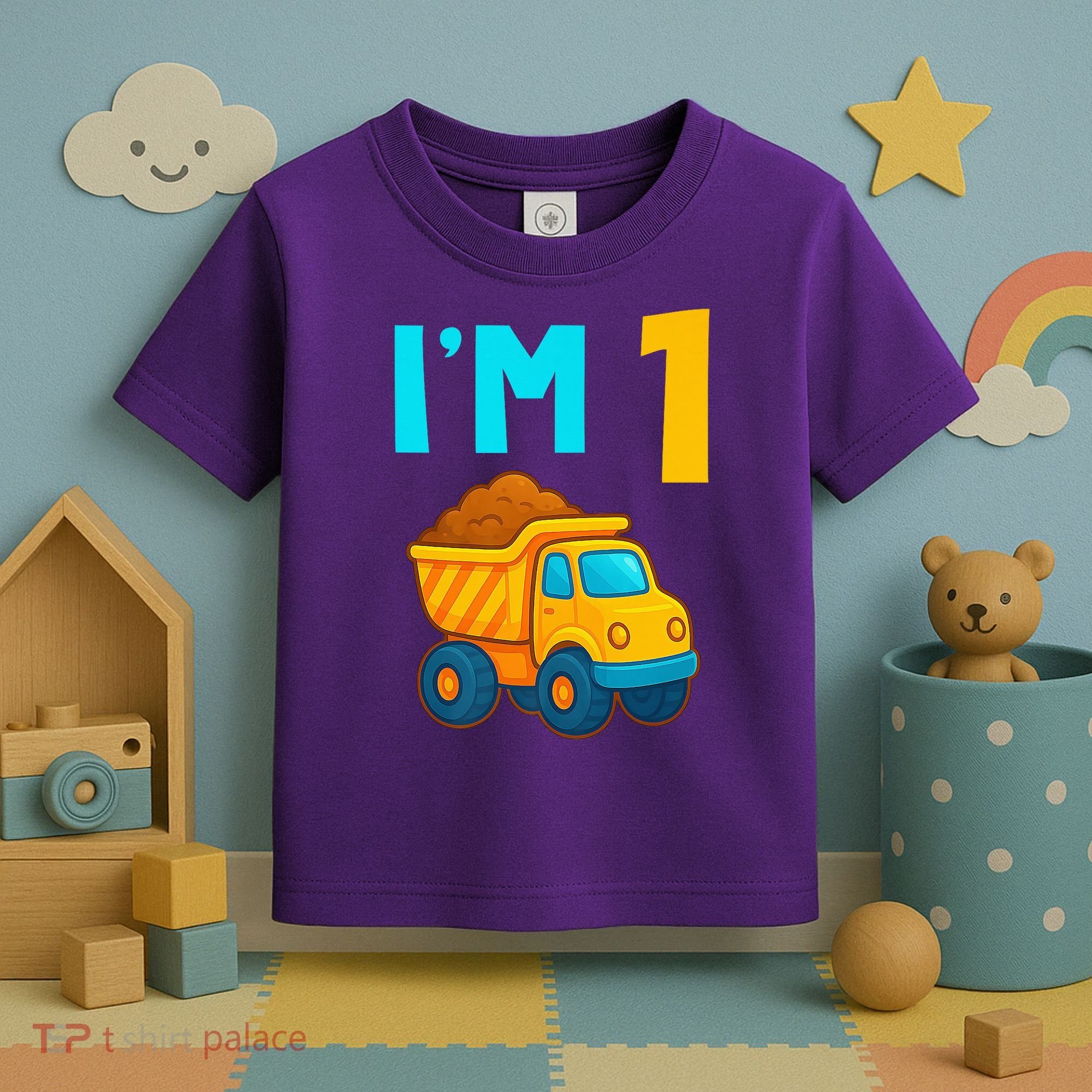 1st Birthday Cartoon Dump Toy Truck Construction I'M 1 One Toddler T-Shirt