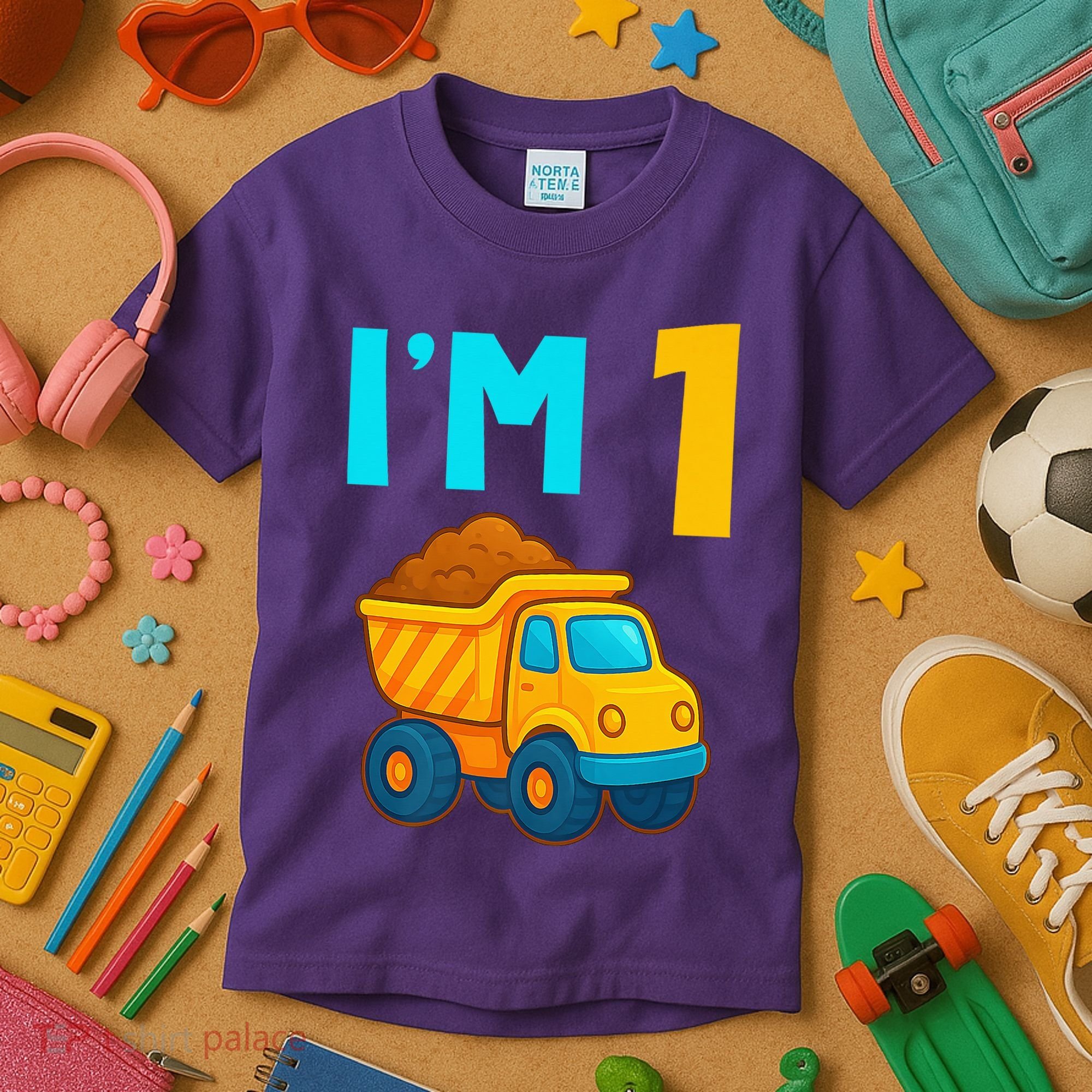 1st Birthday Cartoon Dump Toy Truck Construction I'M 1 One Kids T-Shirt