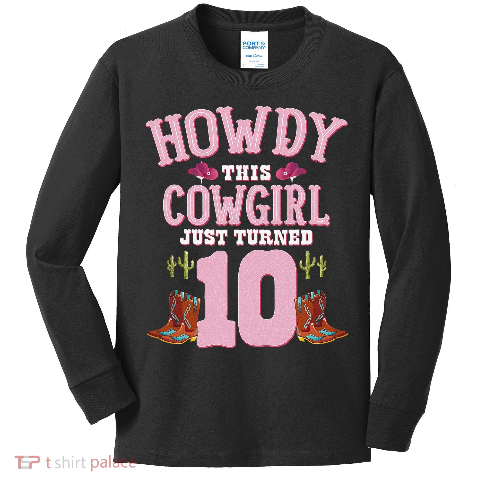 10th Birthday Cow Howdy Western Themed Birthday Kids Long Sleeve Shirt