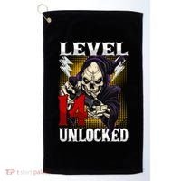 14th Birthday Gamer Skeleton Level 14 Unlocked Gaming Gift Golf Towel thumb 0
