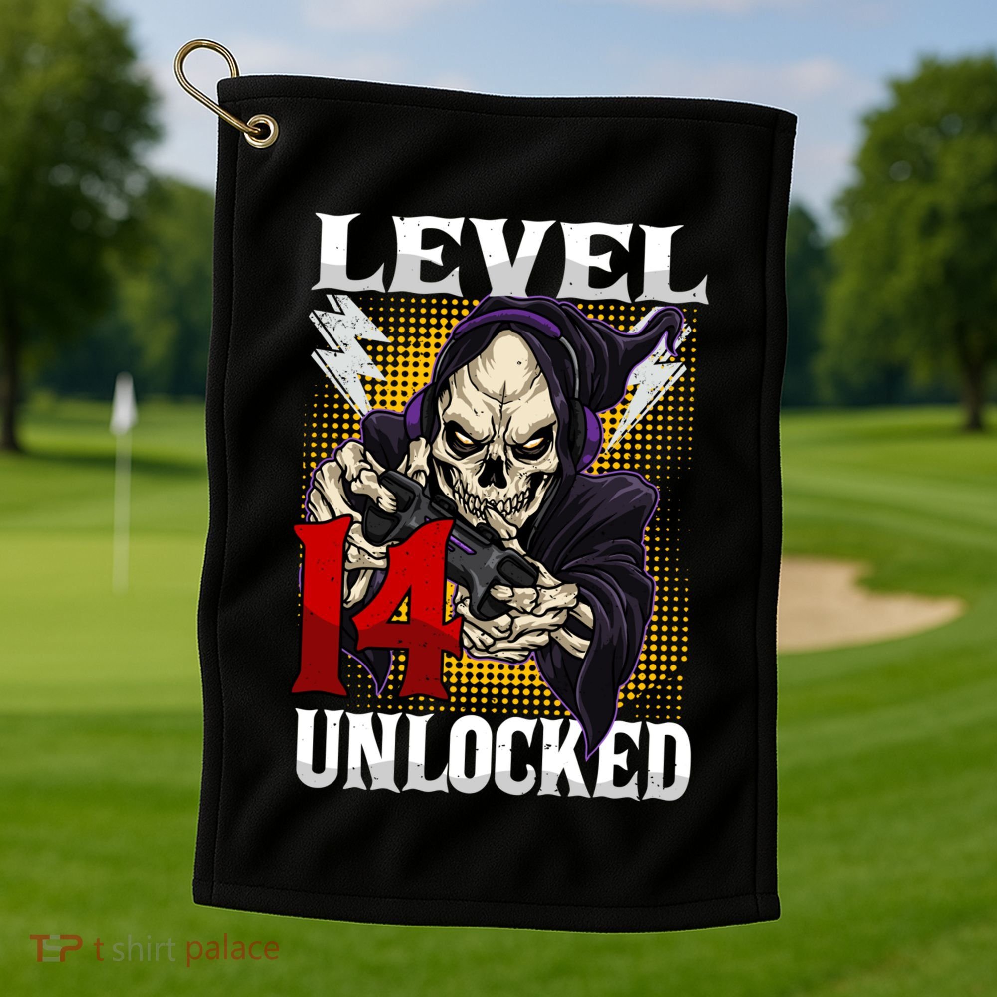 14th Birthday Gamer Skeleton Level 14 Unlocked Gaming Gift Golf Towel
