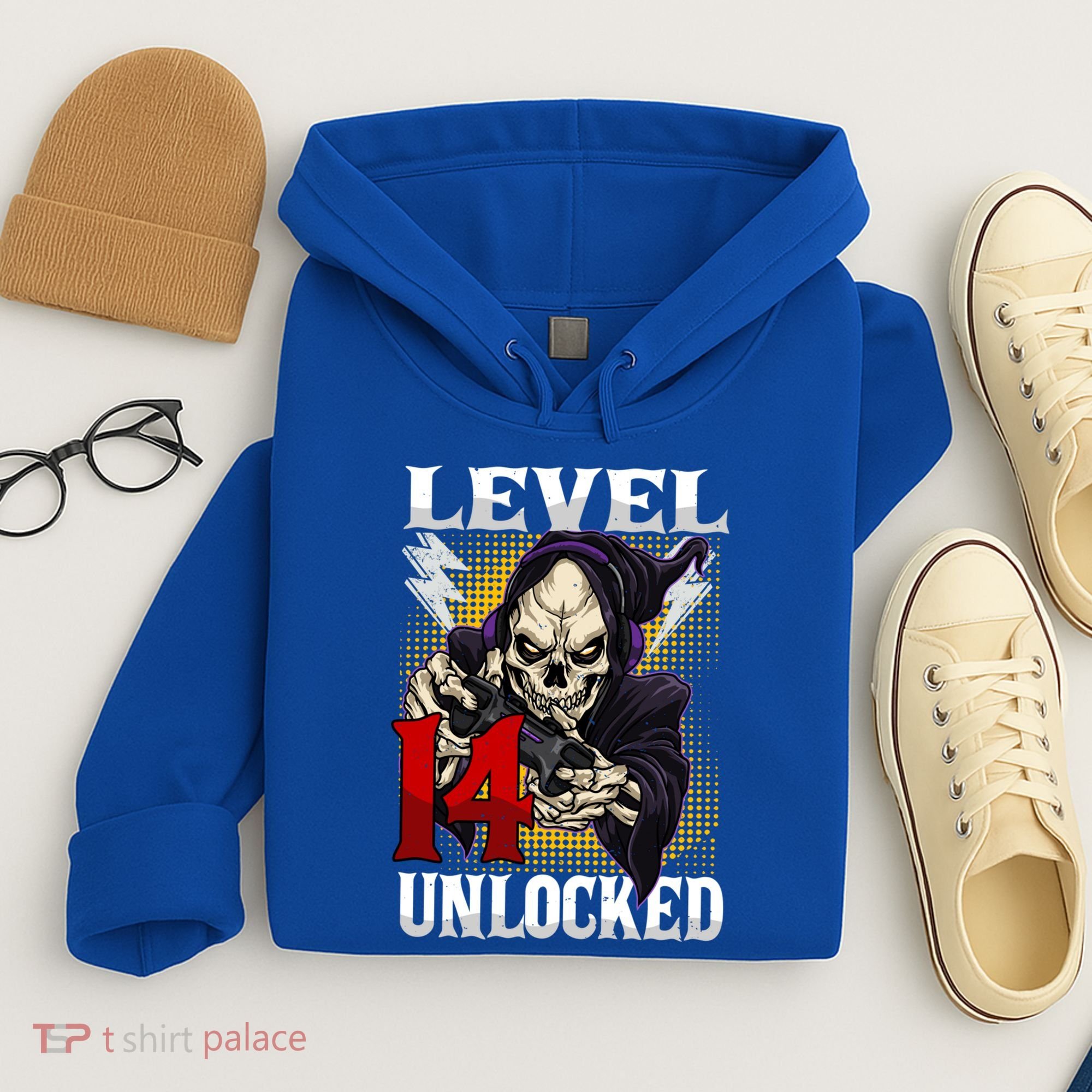 14th Birthday Gamer Skeleton Level 14 Unlocked Gaming Gift Hoodie