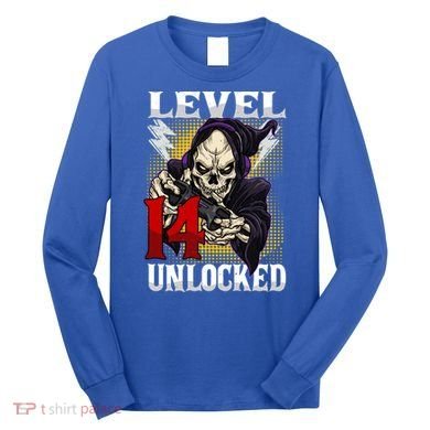 14th Birthday Gamer Skeleton Level 14 Unlocked Gaming Gift Long Sleeve Shirt