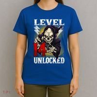 14th Birthday Gamer Skeleton Level 14 Unlocked Gaming Gift T-Shirt thumb 4