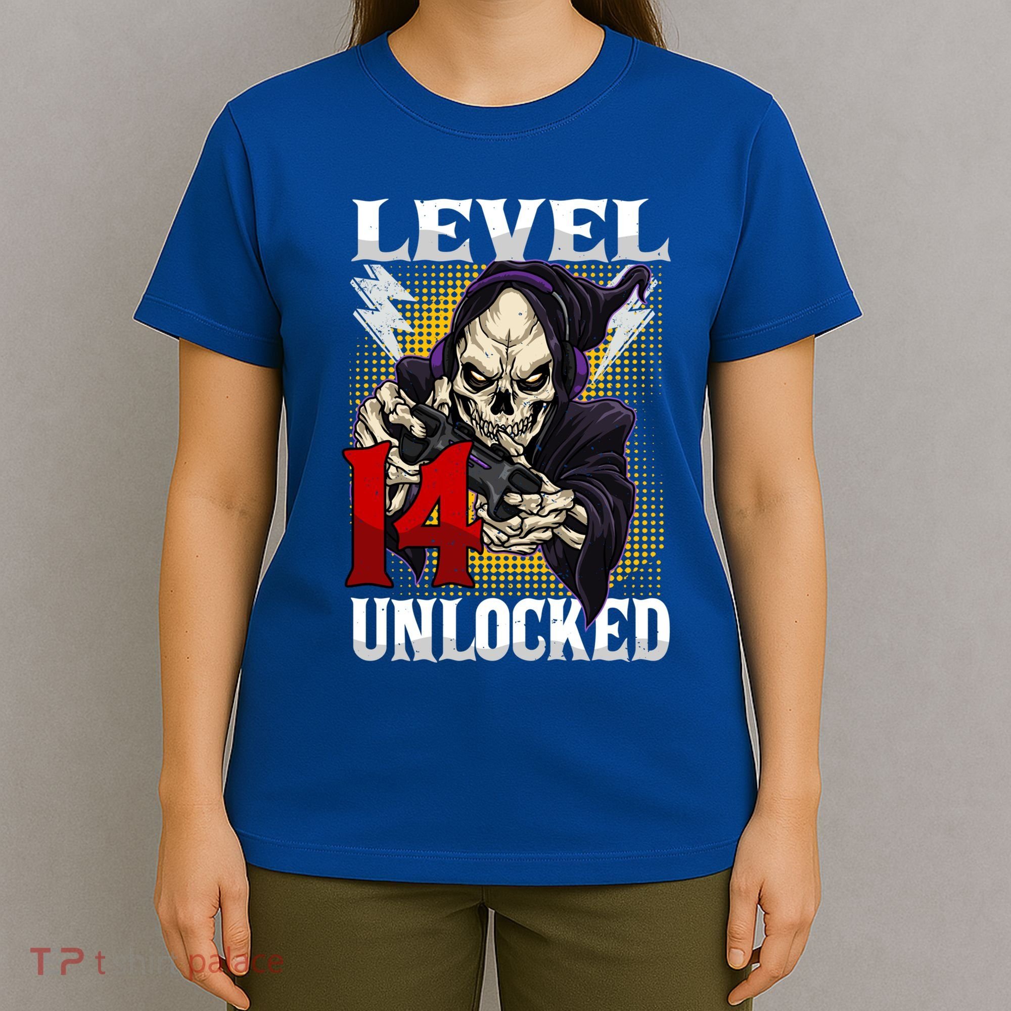 14th Birthday Gamer Skeleton Level 14 Unlocked Gaming Gift T-Shirt