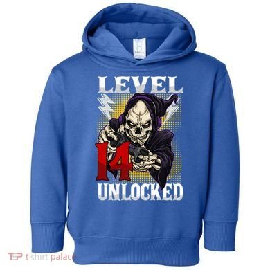 14th Birthday Gamer Skeleton Level 14 Unlocked Gaming Gift Toddler Hoodie