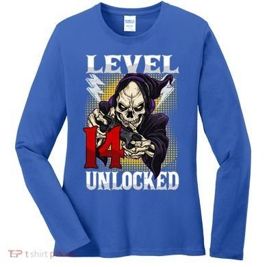 14th Birthday Gamer Skeleton Level 14 Unlocked Gaming Gift Women's Long Sleeve Shirt