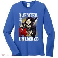 14th Birthday Gamer Skeleton Level 14 Unlocked Gaming Gift Women's Long Sleeve Shirt thumb 0