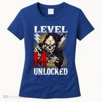 14th Birthday Gamer Skeleton Level 14 Unlocked Gaming Gift Women's T-Shirt thumb 0