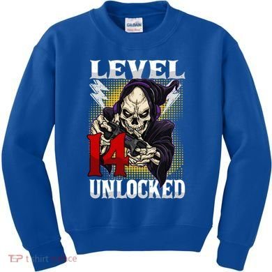 14th Birthday Gamer Skeleton Level 14 Unlocked Gaming Gift Kids Sweatshirt