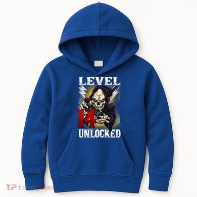14th Birthday Gamer Skeleton Level 14 Unlocked Gaming Gift Kids Hoodie